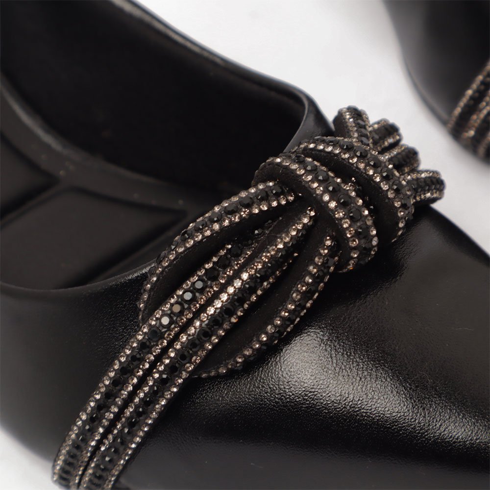 Slingback Sapato da Corte Salto Fino Médio Laço Strass Preto 7