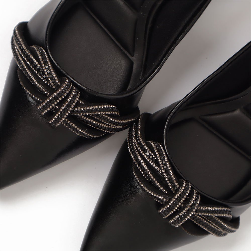 Slingback Sapato da Corte Salto Fino Médio Laço Strass Preto 8