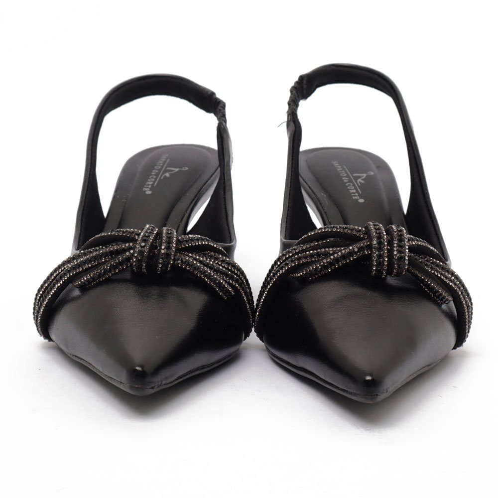 Slingback Sapato da Corte Salto Fino Médio Laço Strass Preto 9