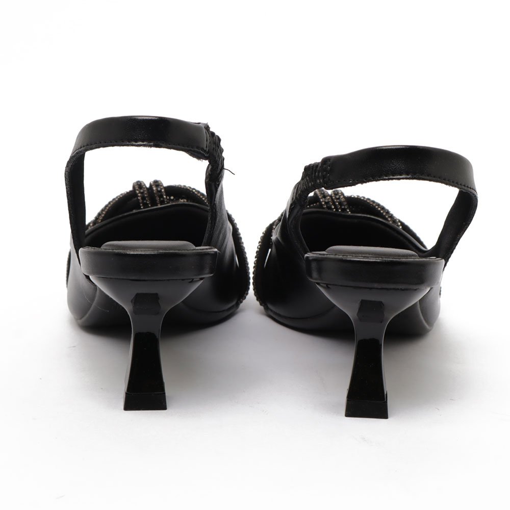 Slingback Sapato da Corte Salto Fino Médio Laço Strass Preto 10