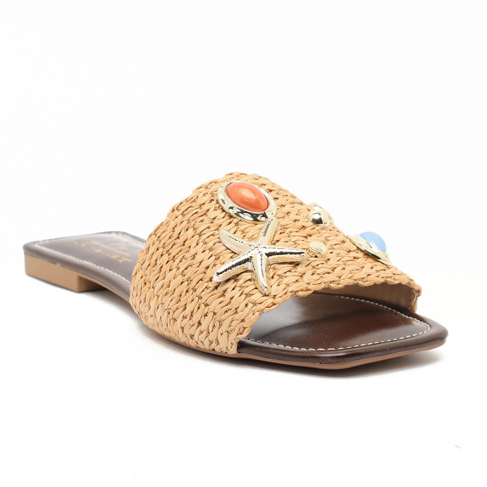 Chinelo Flat Sapato Da Corte Palha Fundo Do Mar Bege 3