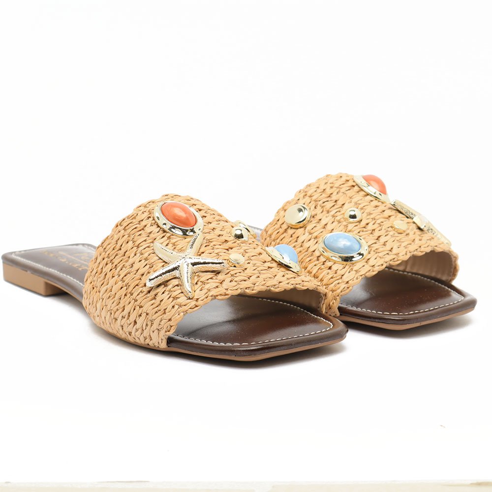Chinelo Flat Sapato Da Corte Palha Fundo Do Mar Bege 4