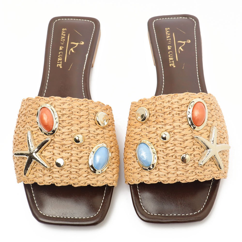 Chinelo Flat Sapato Da Corte Palha Fundo Do Mar Bege 5