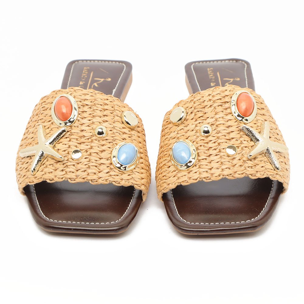 Chinelo Flat Sapato Da Corte Palha Fundo Do Mar Bege 8