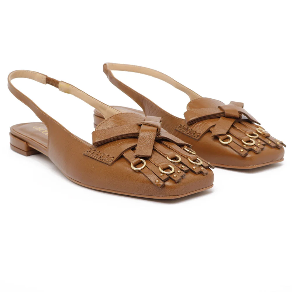 Slingback Flat Cecconello Couro Bico Quadrado Franja Caramelo 3