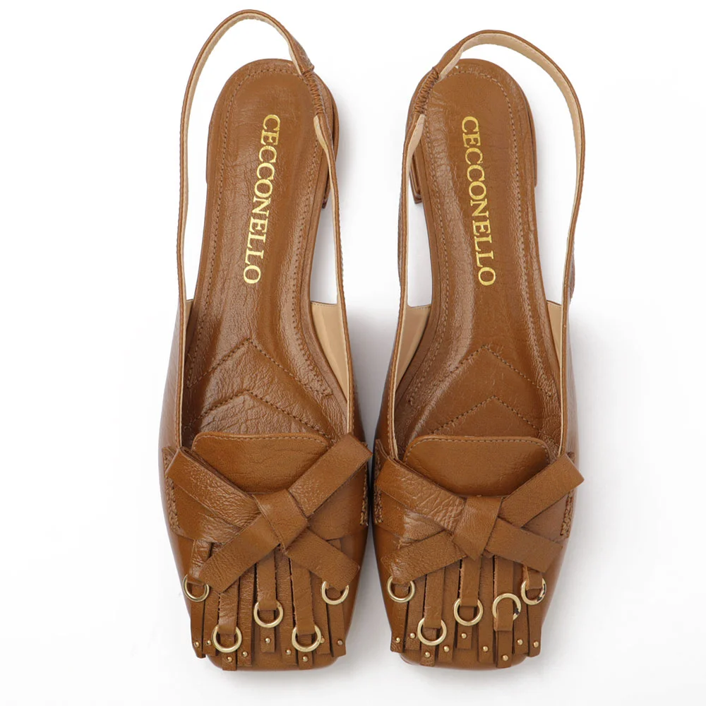 Slingback Flat Cecconello Couro Bico Quadrado Franja Caramelo 5
