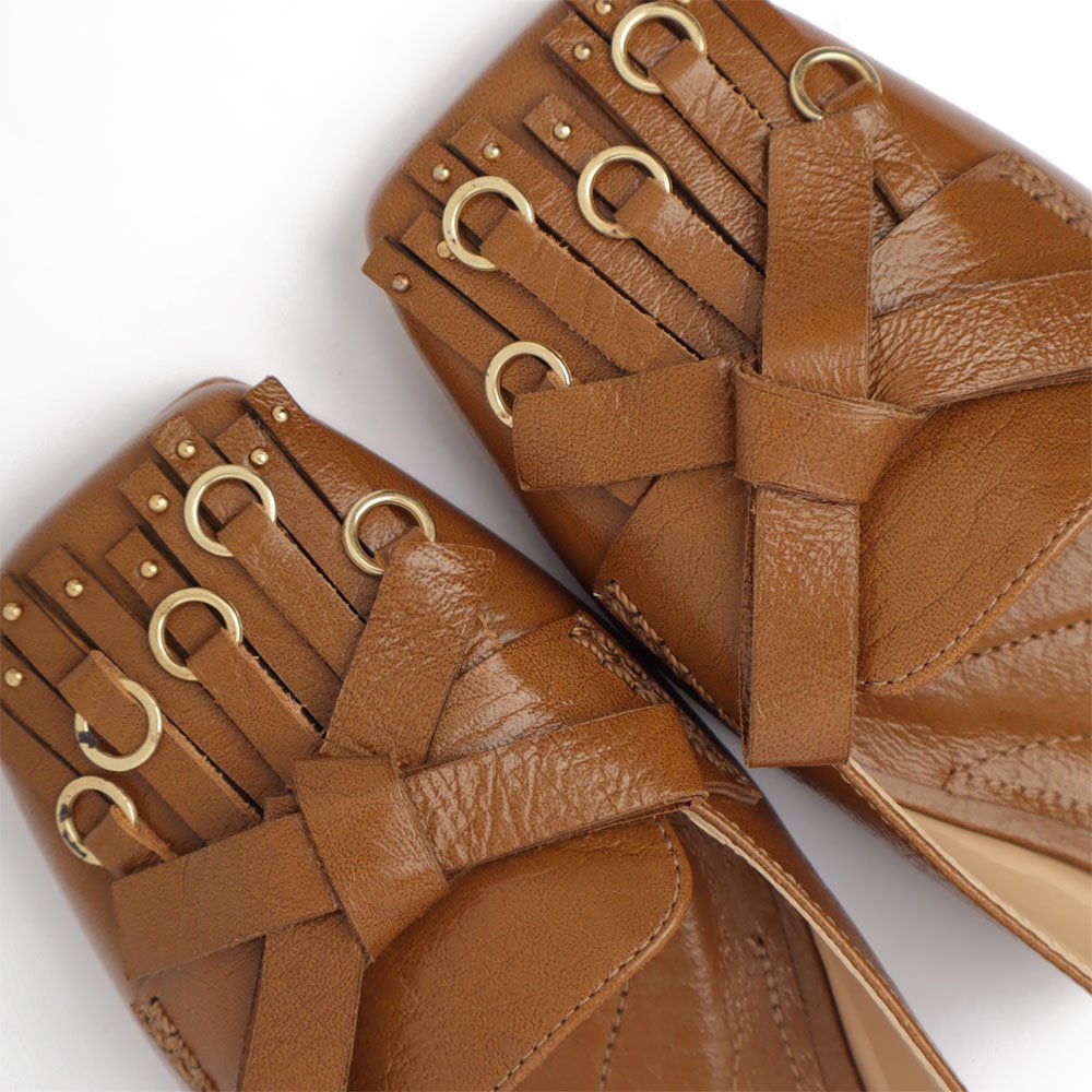 Slingback Flat Cecconello Couro Bico Quadrado Franja Caramelo 6
