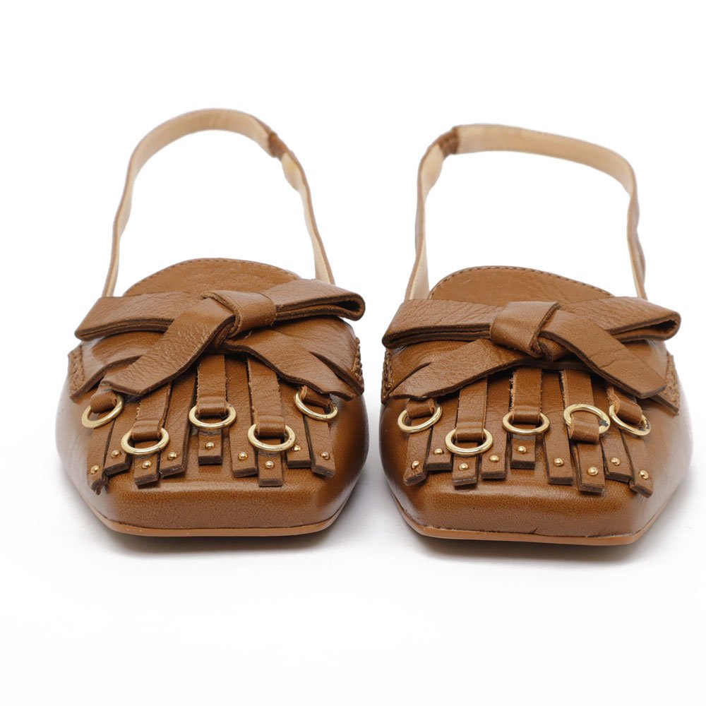 Slingback Flat Cecconello Couro Bico Quadrado Franja Caramelo 8