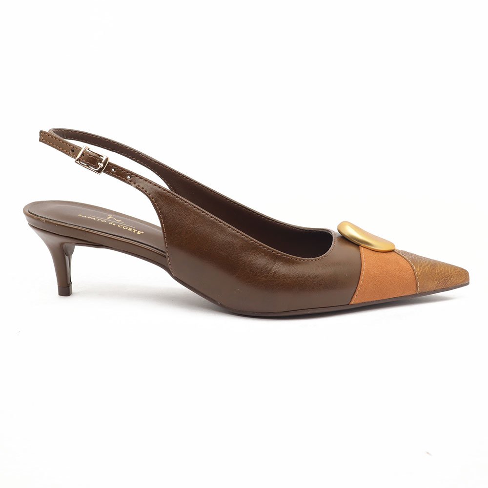 Slingback Feminino Sapato da Corte Salto Fino Baixo Tricolor Pedra