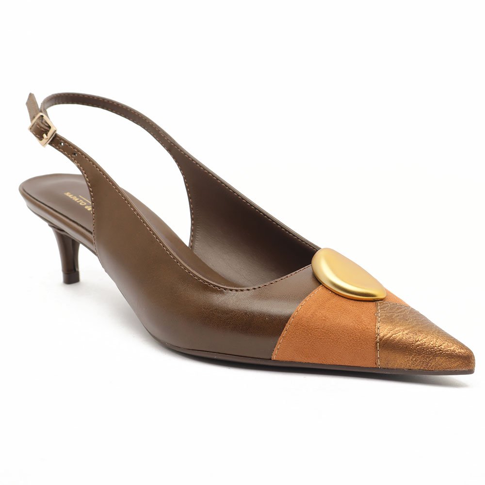 Slingback Feminino Sapato da Corte Salto Fino Baixo Tricolor Pedra Marrom 2