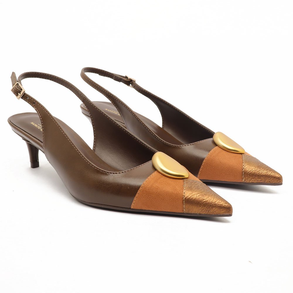 Slingback Feminino Sapato da Corte Salto Fino Baixo Tricolor Pedra Marrom 3