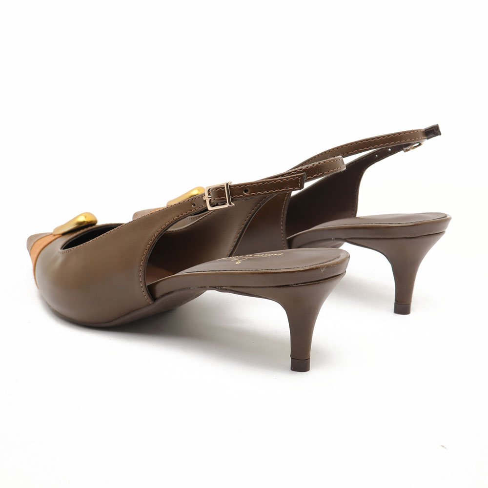 Slingback Feminino Sapato da Corte Salto Fino Baixo Tricolor Pedra Marrom 4