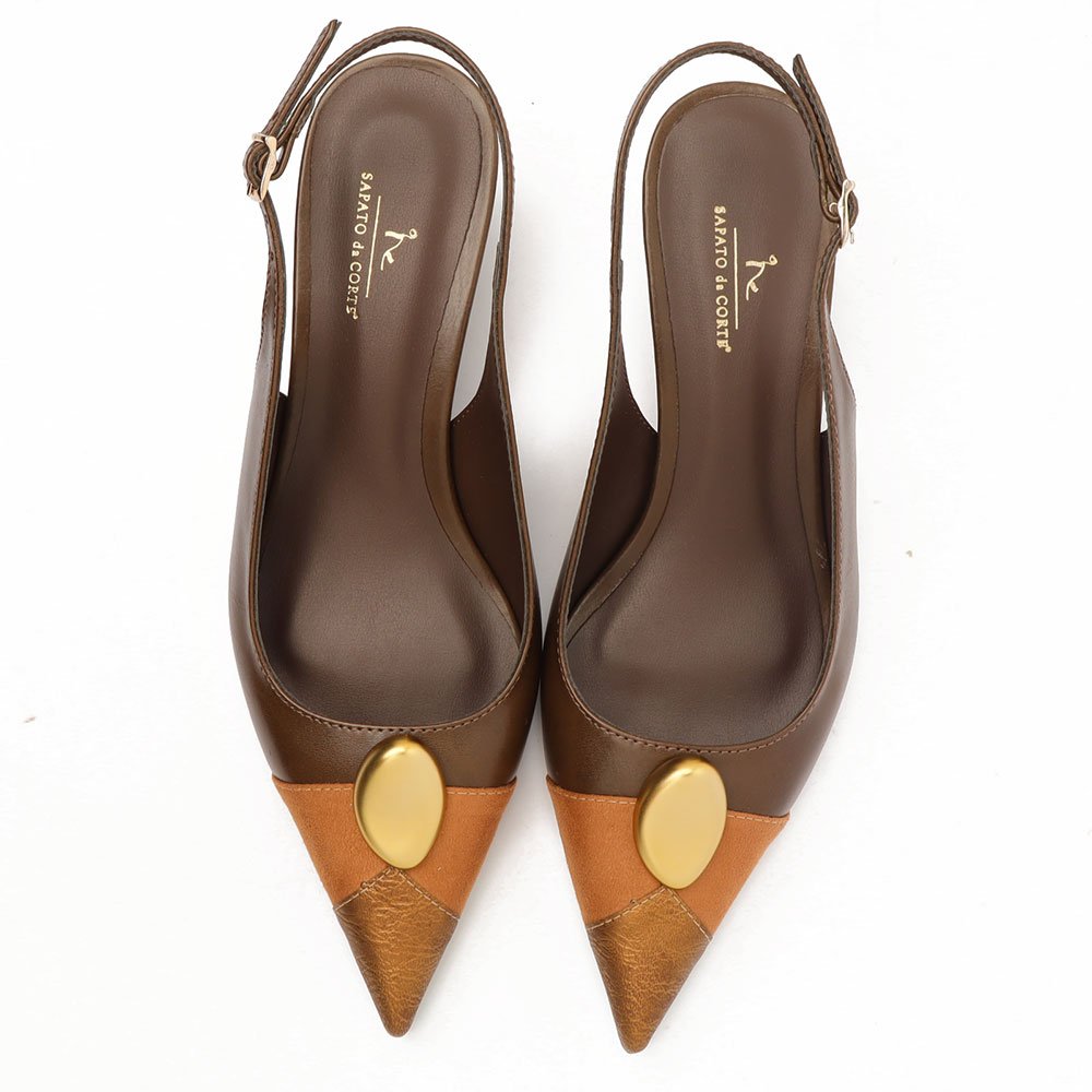 Slingback Feminino Sapato da Corte Salto Fino Baixo Tricolor Pedra Marrom 5