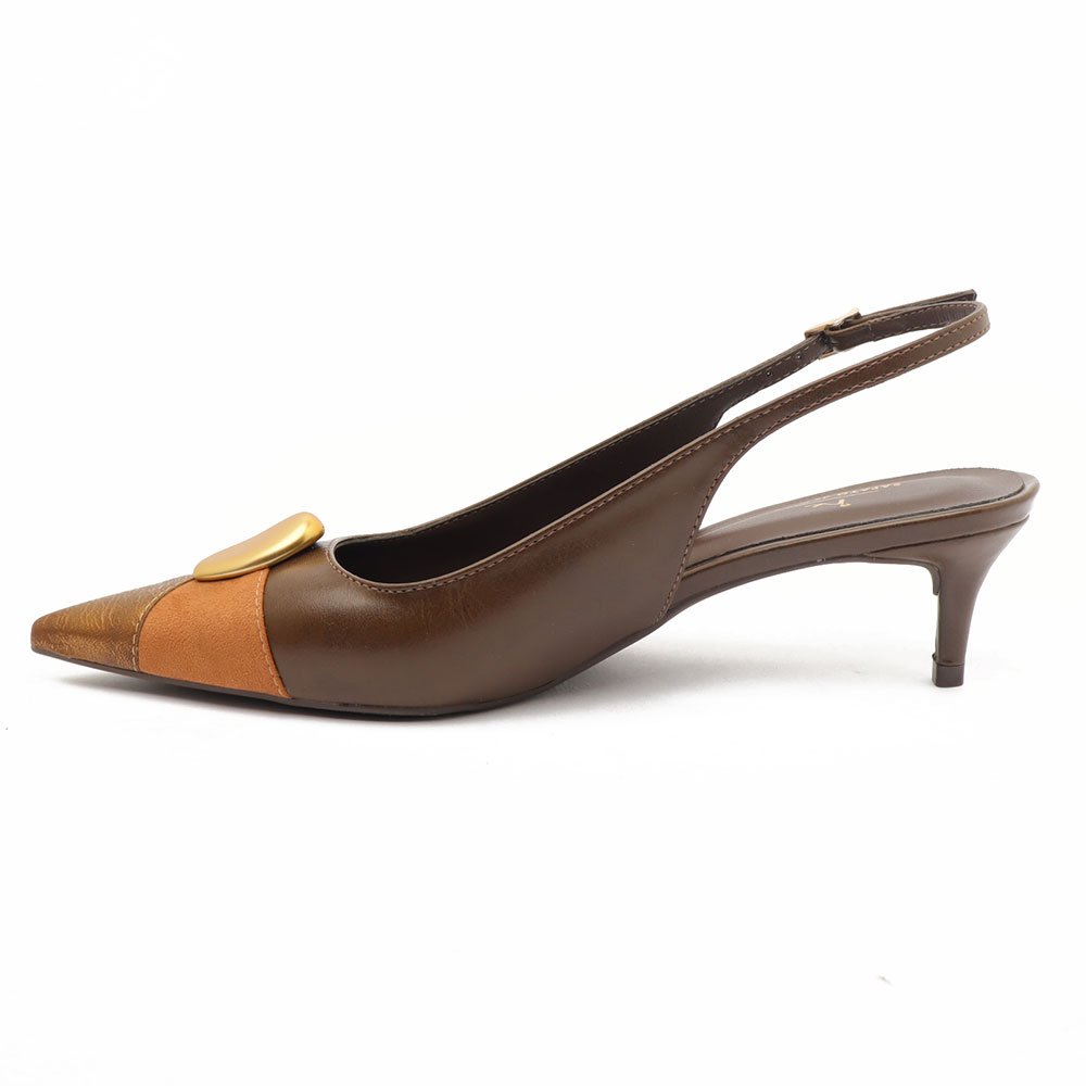 Slingback Feminino Sapato da Corte Salto Fino Baixo Tricolor Pedra Marrom 6