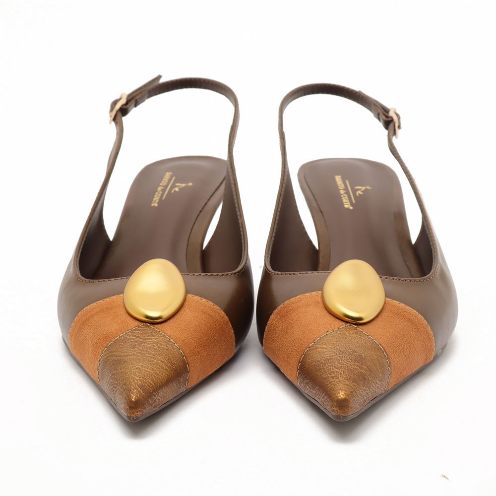 Slingback Feminino Sapato da Corte Salto Fino Baixo Tricolor Pedra Marrom 7