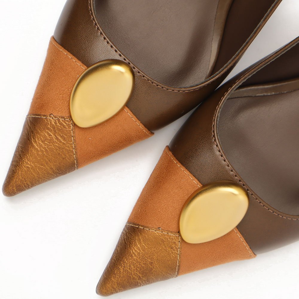 Slingback Feminino Sapato da Corte Salto Fino Baixo Tricolor Pedra Marrom 9