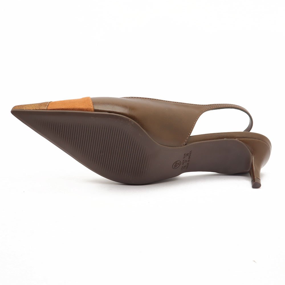 Slingback Feminino Sapato da Corte Salto Fino Baixo Tricolor Pedra Marrom 10