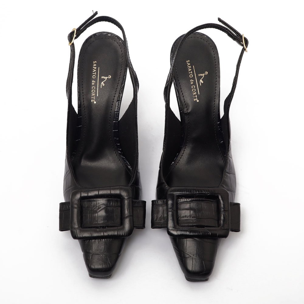 Slingback Sapato da Corte Salto Alto Croco Fivela Preto 5