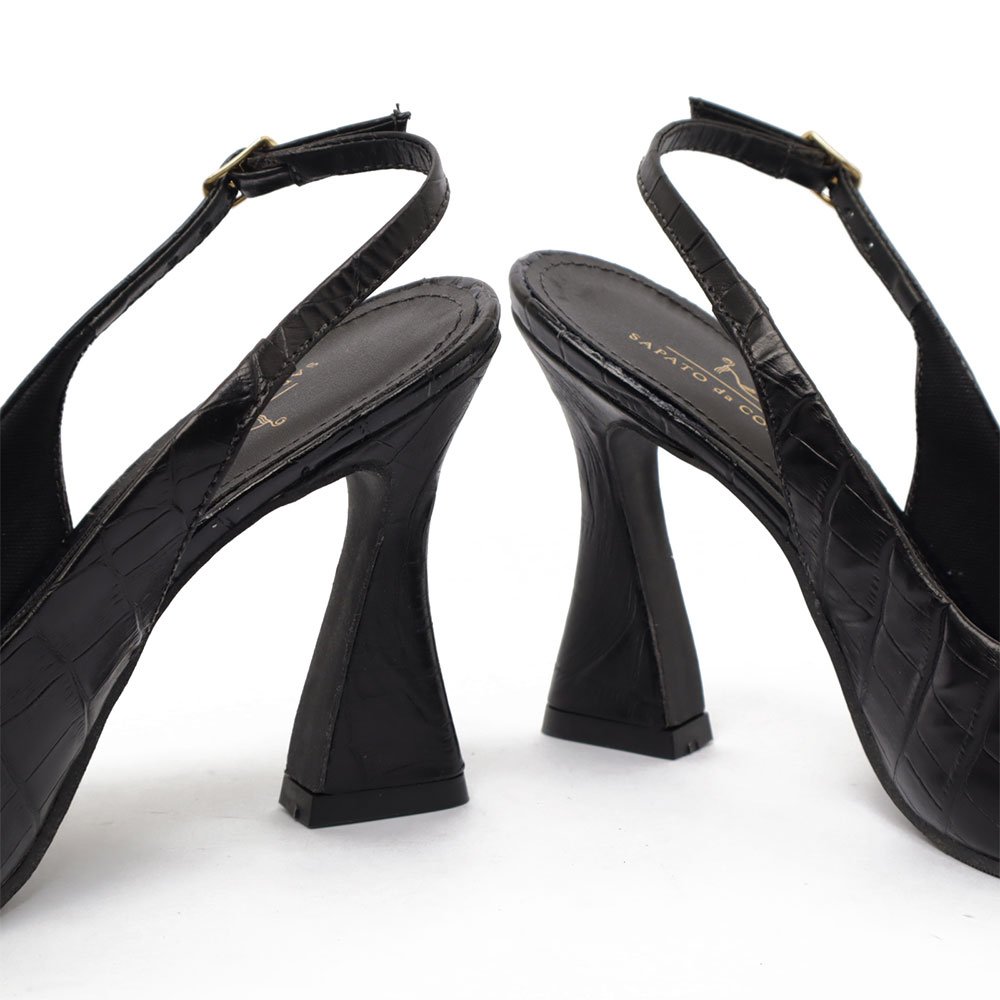 Slingback Sapato da Corte Salto Alto Croco Fivela Preto 8
