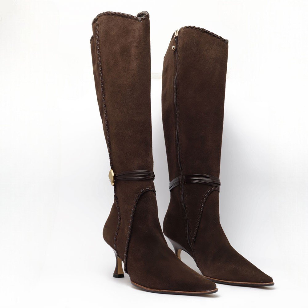 Bota Cecconello Salto Fino Médio Cano Alto Nobuck Couro Marrom 3