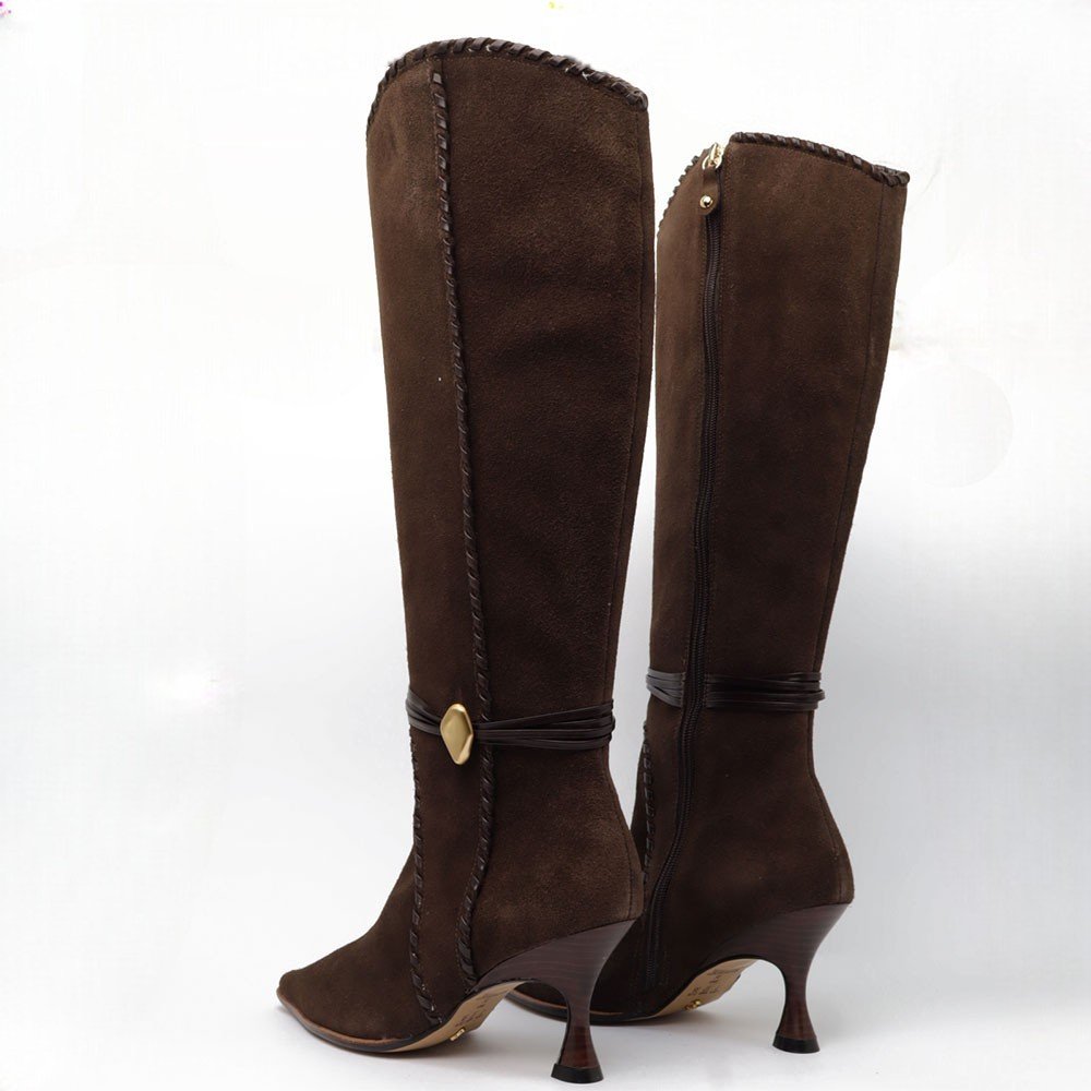 Bota Cecconello Salto Fino Médio Cano Alto Nobuck Couro Marrom 4