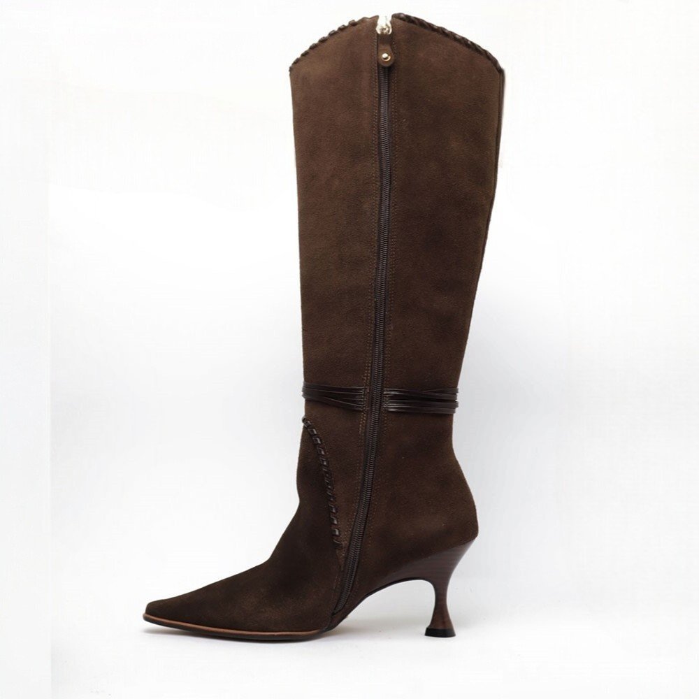 Bota Cecconello Salto Fino Médio Cano Alto Nobuck Couro Marrom 5