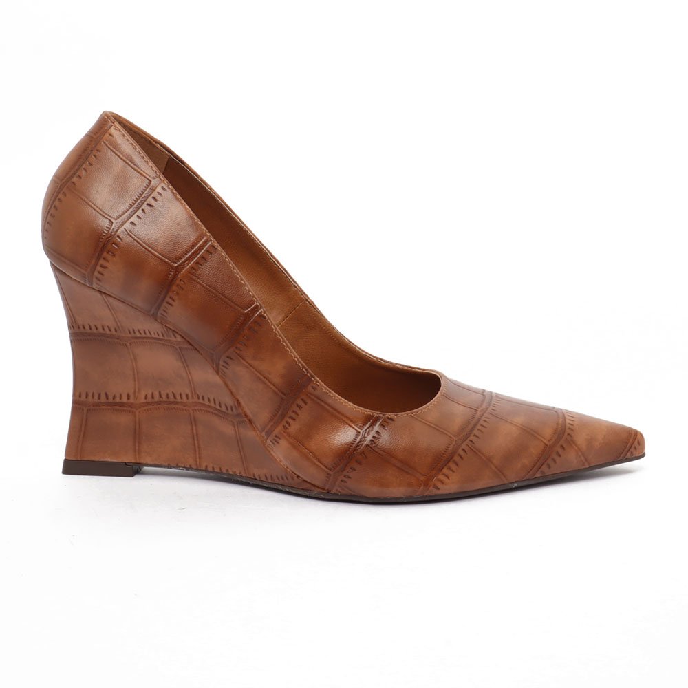 Scarpin Sapato Da Corte Salto Anabela Alto Bico Fino Texturizado Caramelo 8