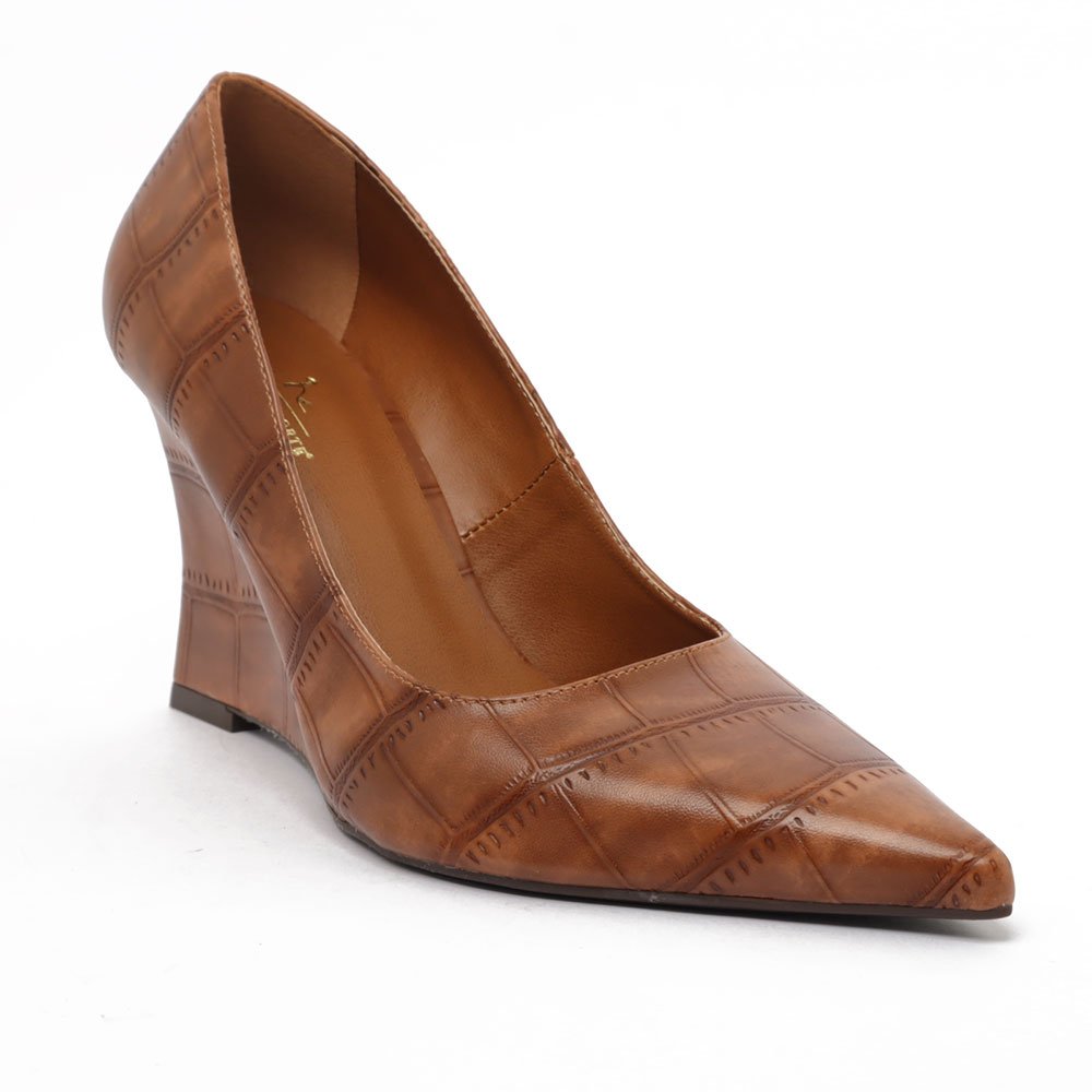 Scarpin Sapato Da Corte Salto Anabela Alto Bico Fino Texturizado Caramelo 9
