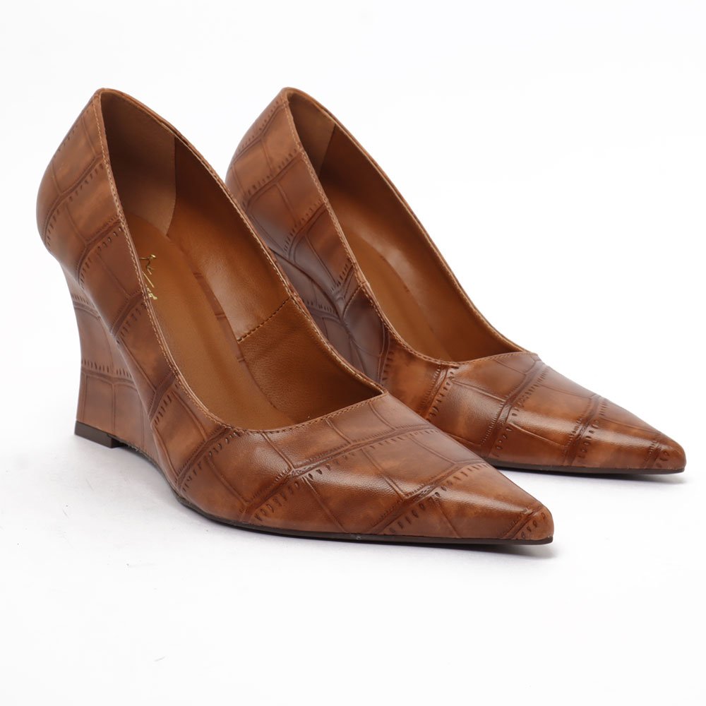Scarpin Sapato Da Corte Salto Anabela Alto Bico Fino Texturizado Caramelo 10