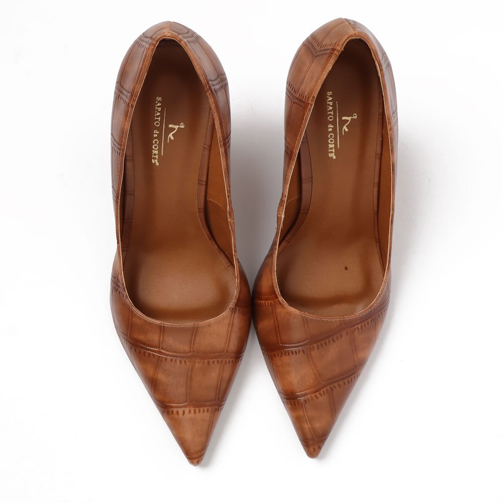 Scarpin Sapato Da Corte Salto Anabela Alto Bico Fino Texturizado Caramelo 2