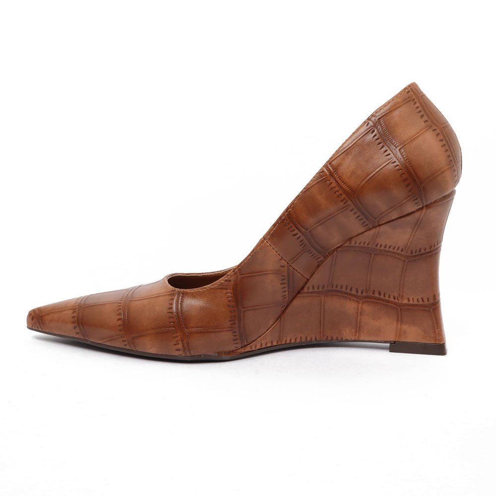Scarpin Sapato Da Corte Salto Anabela Alto Bico Fino Texturizado Caramelo 3