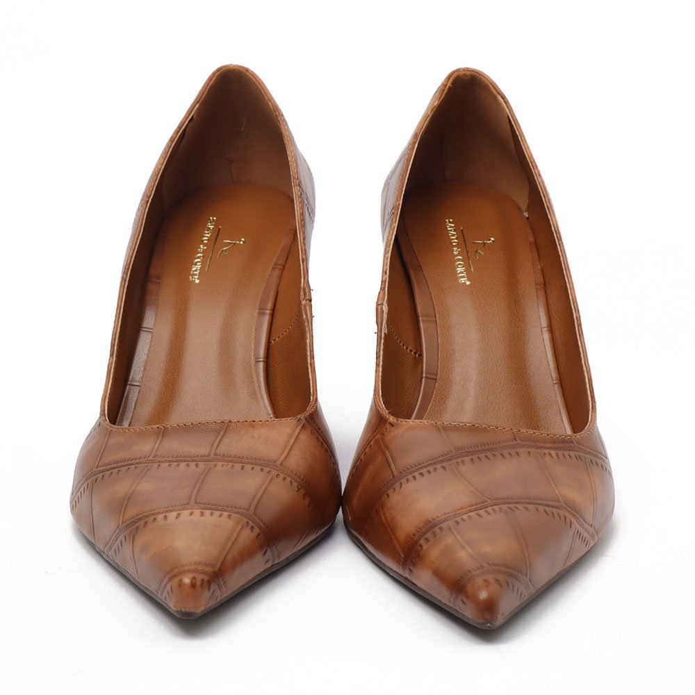 Scarpin Sapato Da Corte Salto Anabela Alto Bico Fino Texturizado Caramelo 5