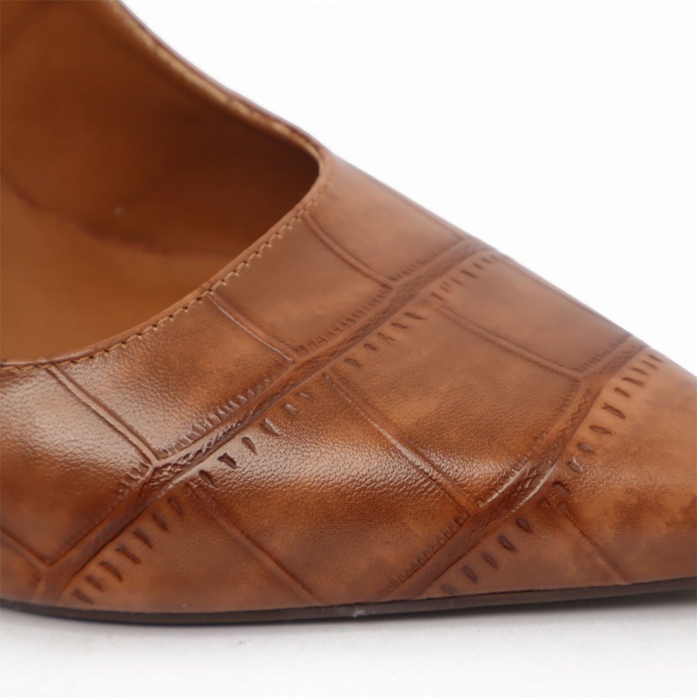 Scarpin Sapato Da Corte Salto Anabela Alto Bico Fino Texturizado Caramelo 7