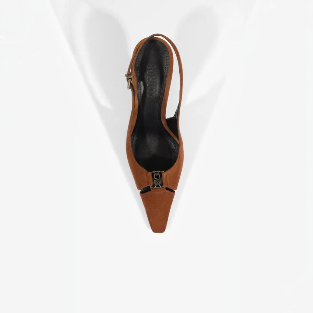 Slingback Schutz Bico Fino Alongado Camurça Marrom 5
