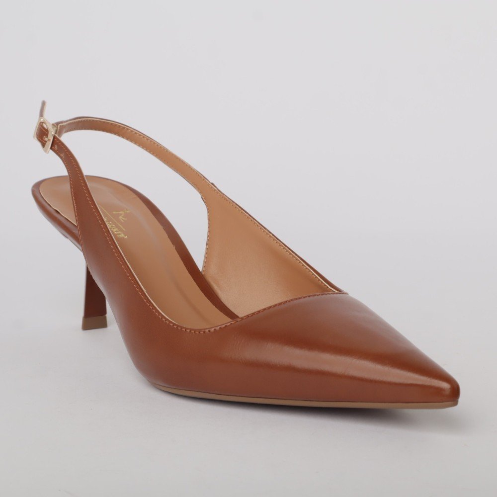 Slingback Sapato Da Corte Salto Médio Bico Fino Decote Quadrado Marrom 2