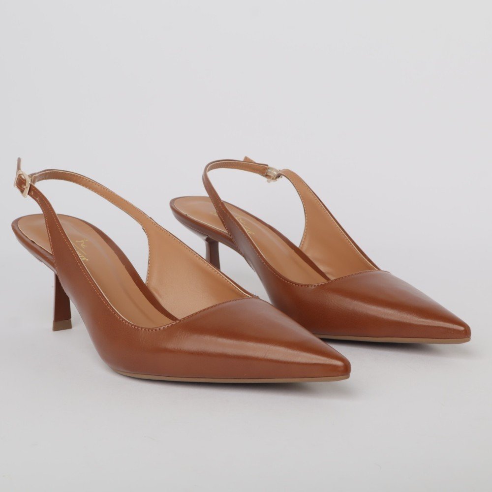 Slingback Sapato Da Corte Salto Médio Bico Fino Decote Quadrado Marrom 3
