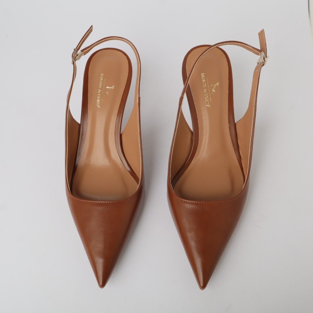 Slingback Sapato Da Corte Salto Médio Bico Fino Decote Quadrado Marrom 5