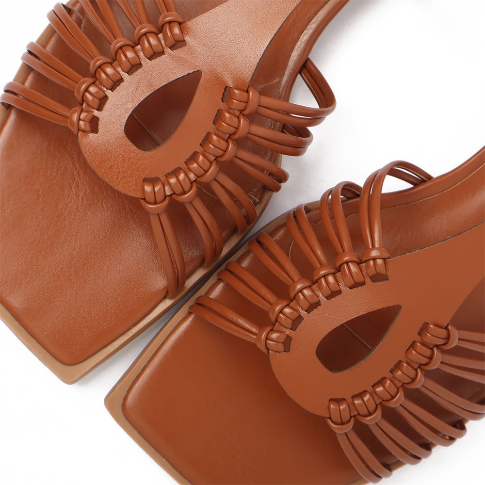 Sandália Flat Sapato Da Corte Bico Quadrado Gota Marrom 7