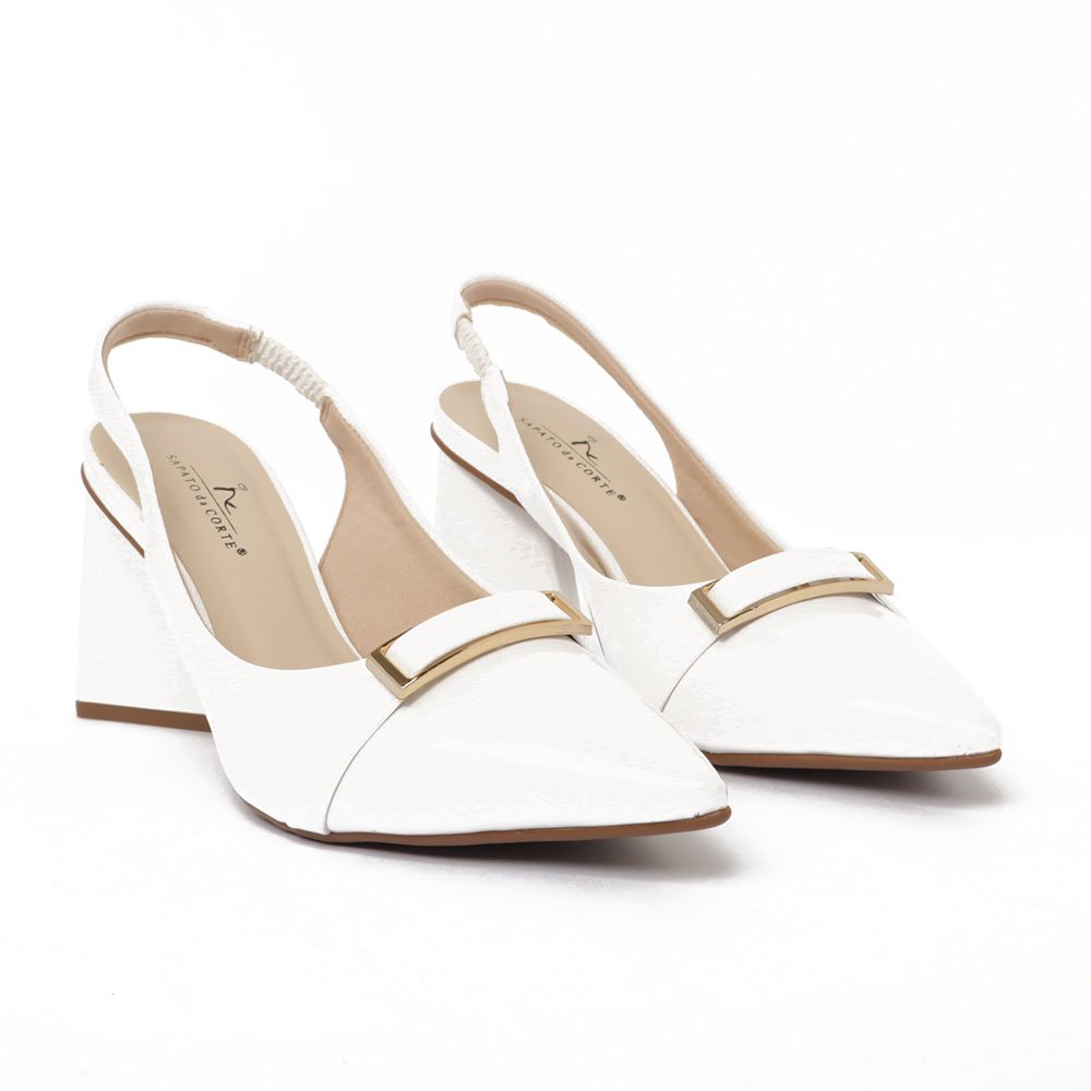 Slingback Sapato Da Corte Salto Alto Triângulo Texturizado Branco 3