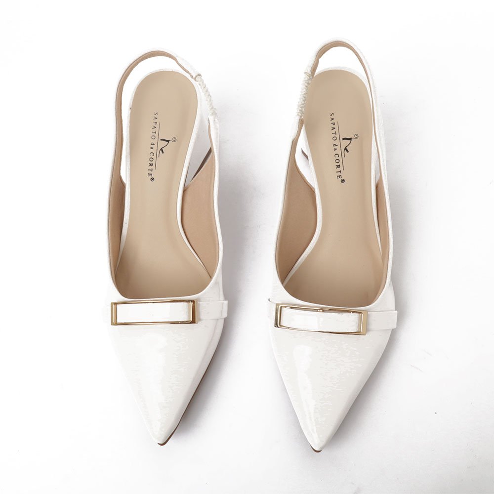 Slingback Sapato Da Corte Salto Alto Triângulo Texturizado Branco 5