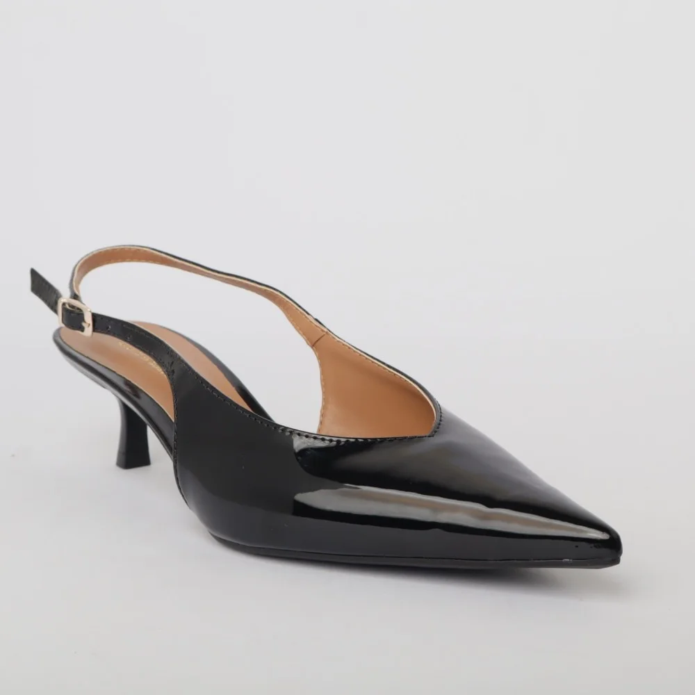 Slingback Sapato Da Corte Salto Baixo Decote V Preto 2