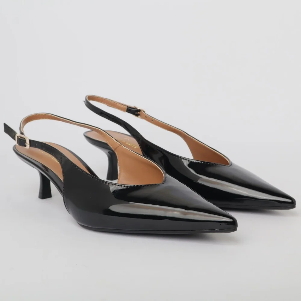 Slingback Sapato Da Corte Salto Baixo Decote V Preto 3