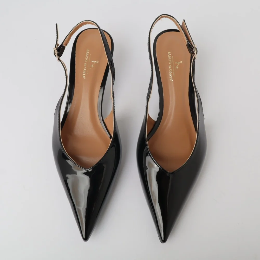 Slingback Sapato Da Corte Salto Baixo Decote V Preto 5