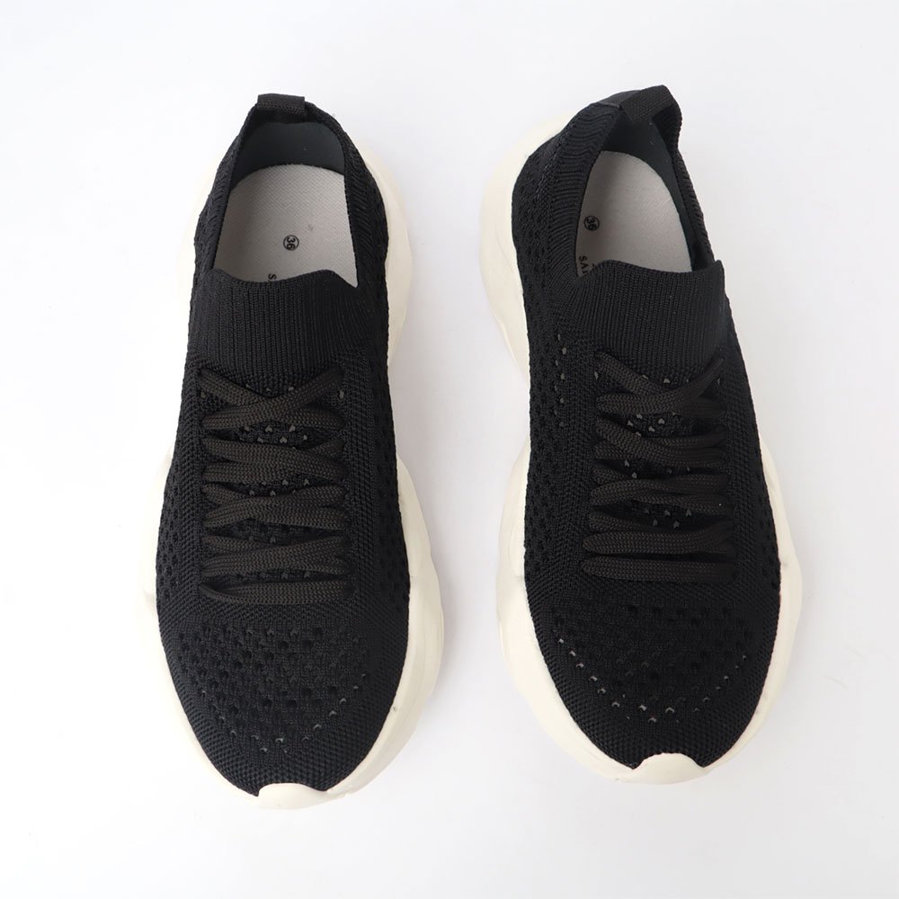 Tênis Feminino Sapato Da Corte Sola Alta Knit Vazado Preto 5