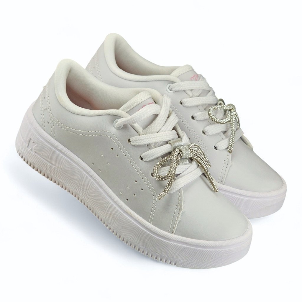Tênis Feminino Kidy Nova York Laço Strass Sola Alta K360 - 1401085 Branco 2