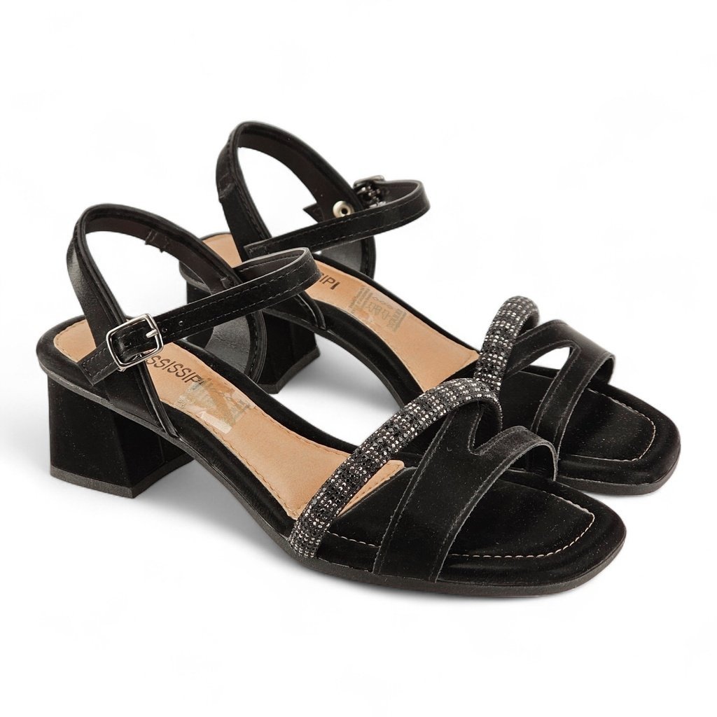 Sandália Feminina Mississipi Salto Bloco Camurça Strass - MF862 Preto 5
