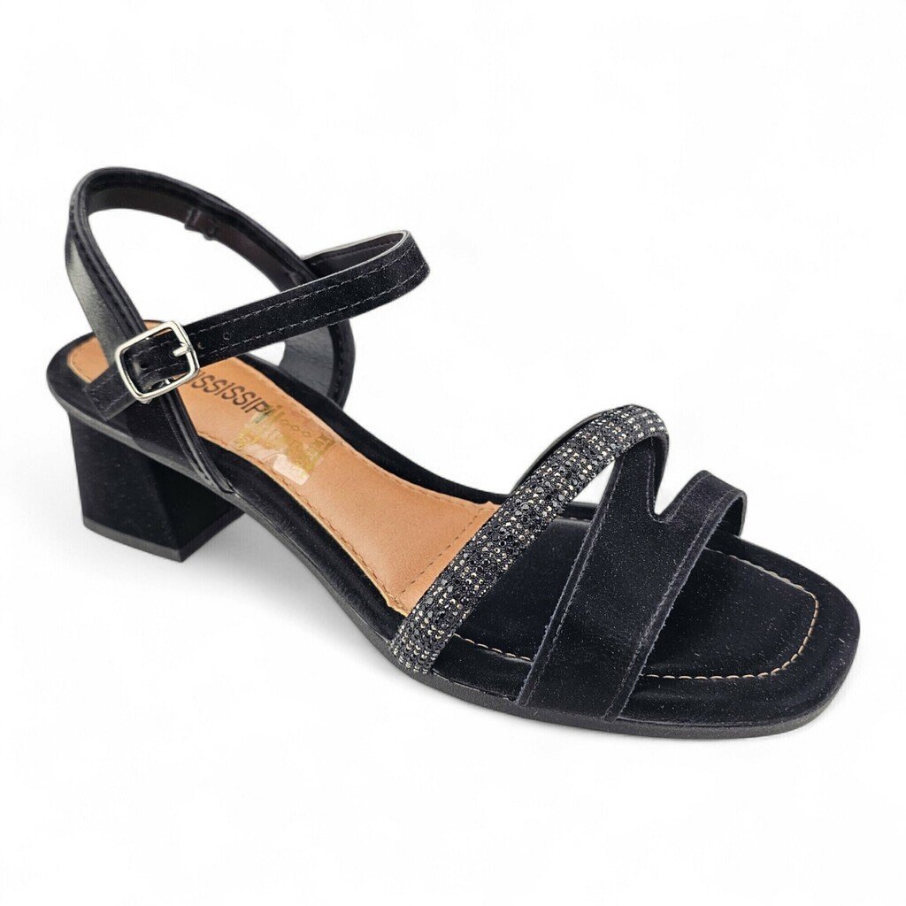 Sandália Feminina Mississipi Salto Bloco Camurça Strass - MF862