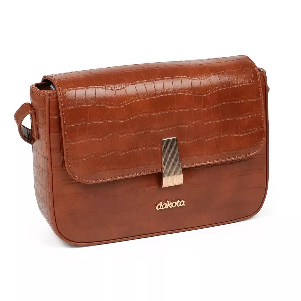 Bolsa Feminina Dakota Carrera Transversal Quadrada com Aba Fecho Botão e Trabalho Croco - DK238 Caramelo 2