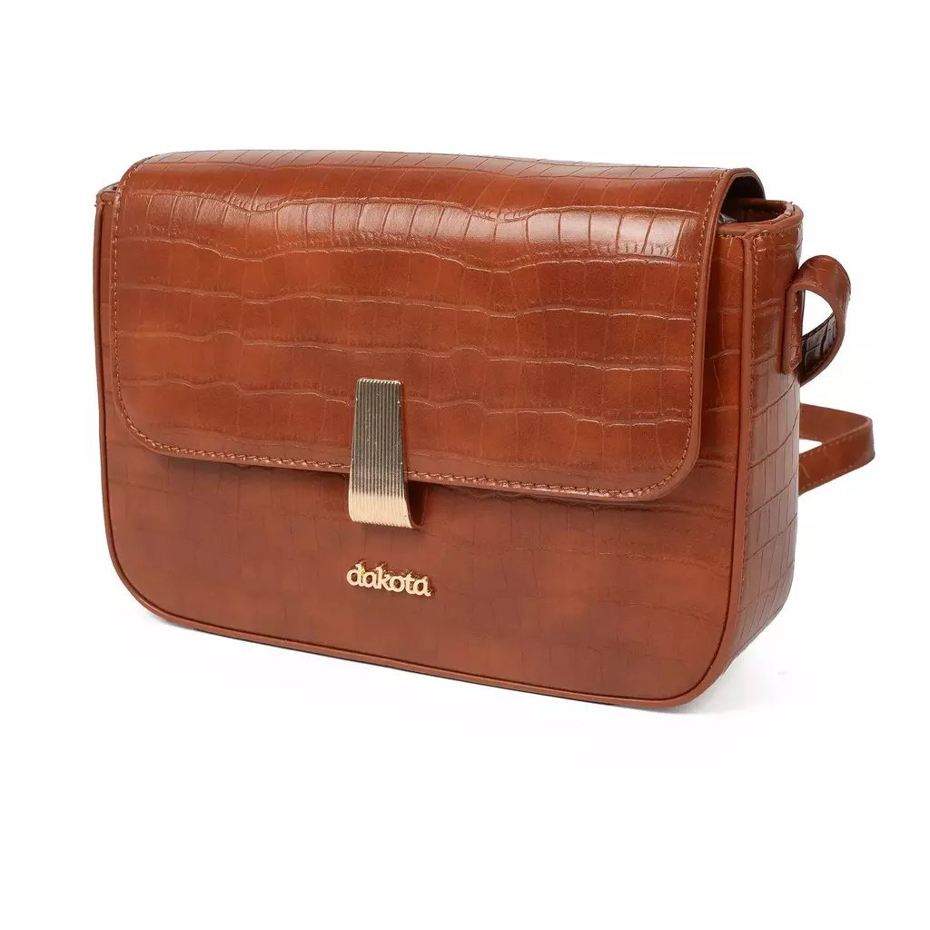Bolsa Feminina Dakota Carrera Transversal Quadrada com Aba Fecho Botão e Trabalho Croco - DK238 Caramelo 4