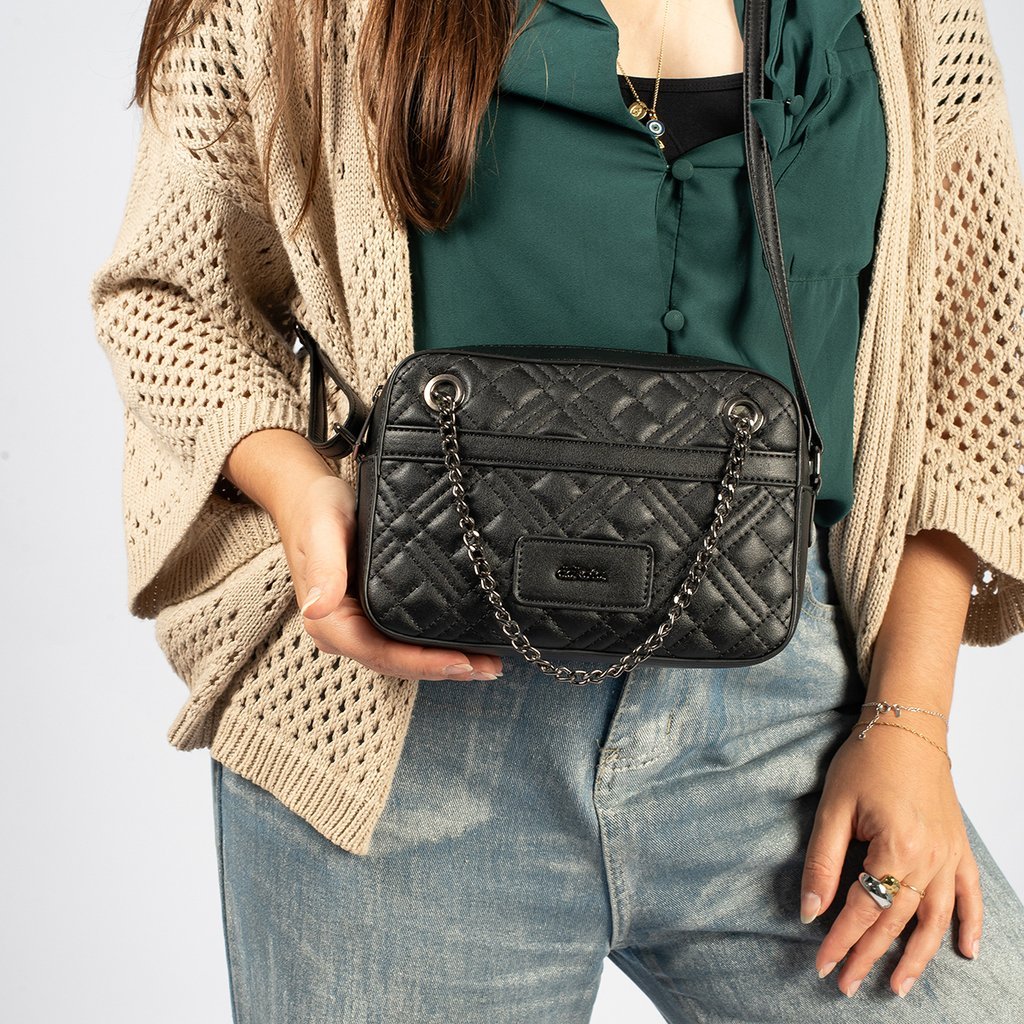 Bolsa Feminina Dakota Almeria Transversal Matelassê Detalhe Corrente Frente Fecho Zíper - DK168 Preto 2